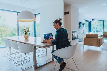 Image showing Woman sitting in living room using laptop look at cam talk by video call with business friend relatives, head shot. Job interview answering questions.