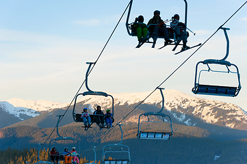 Image showing Skiers ski lift mountains resort