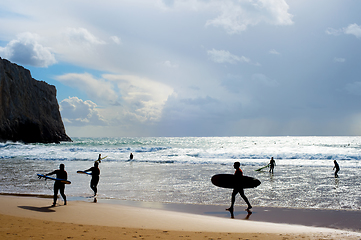 Image showing Surfers silhouette surfboards beach Portugal