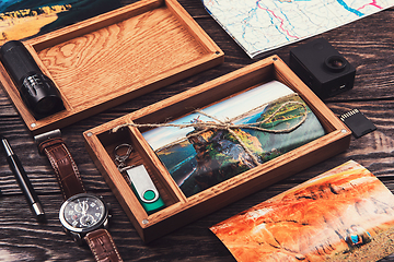 Image showing Wooden photo box with photo from travel