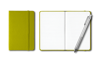 Image showing Olive green closed and open notebooks with a pen isolated on whi