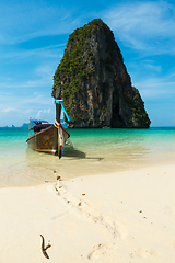 Image showing Long tail boat on beach, Thailand