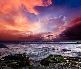 Image showing Rocky coast. Sunset