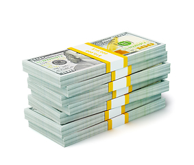 Image showing Stack of new 100 US dollars 2013 edition banknotes