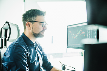 Image showing Stock broker trading online watching charts and data analyses on multiple computer screens.