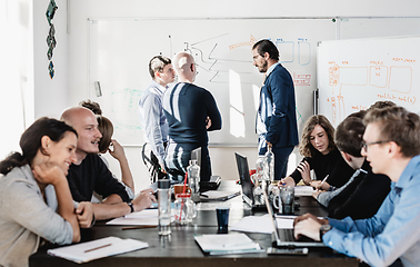 Image showing Relaxed informal IT business startup company team meeting.