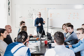 Image showing Relaxed informal IT business startup company team meeting.