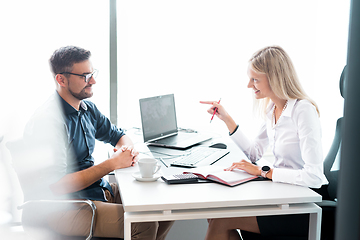 Image showing Business meeting. Client consulting. Confident business woman, real estate agent, financial advisor explaining details of project or financial product to client in office.