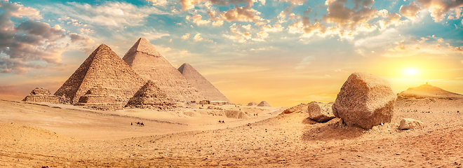 Image showing Pyramids in desert of Giza