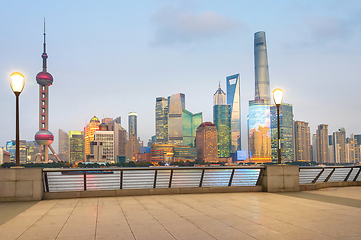 Image showing Illuminated Shanghai skyline from embankment