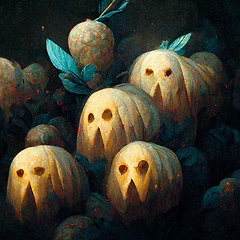 Image showing Pumpkins In Graveyard In The Spooky Night - Halloween Backdrop.