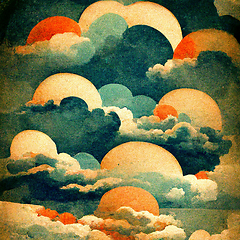 Image showing Cloudscape, blue sky with clouds and suns, retro art style.