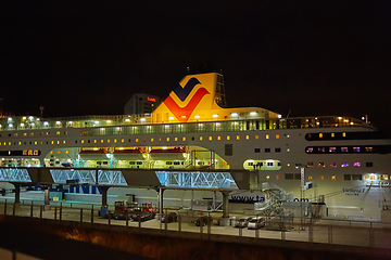 Image showing Stockholm, Sweden - November 3, 2018: The Tallink ship Viktoria I in Vartahamnen port in Stockholm, the capital of Sweden. Waiting for departure to Tallin.