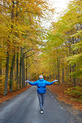 Image showing Young woman posing in the autumn forest on the road.