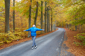 Image showing Young woman posing in the autumn forest on the road.