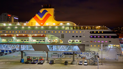 Image showing Stockholm, Sweden - November 3, 2018: The Tallink ship Viktoria I in Vartahamnen port in Stockholm, the capital of Sweden. Waiting for departure to Tallin.