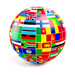 Image showing ThreeD globe sphere with flags of the world on white
