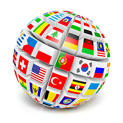 Image showing 3D globe sphere with flags of the world on white