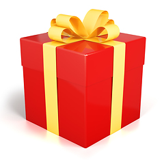 Image showing Red gift box present with golden ribbon isolated