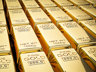Image showing Stacks of gold bars close up