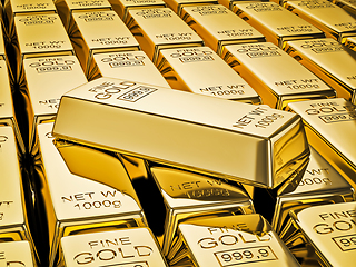 Image showing Gold bar on stacks of gold bullions close up