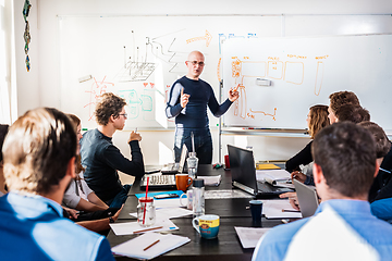 Image showing Informal IT business startup company meeting. Team leader discussing and brainstorming new project and ideas with colleagues. Startup business and entrepreneurship concept