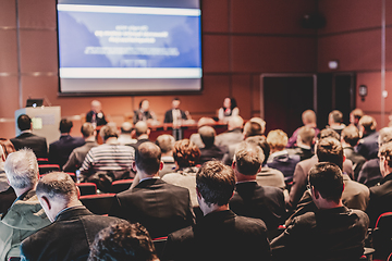 Image showing Round table discussion at business conference event.