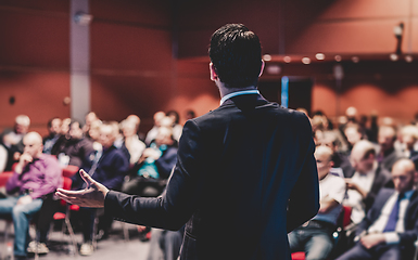 Image showing Speaker giving a talk at business conference meeting.