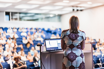 Image showing Public speaker giving talk at Business Event.