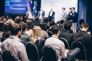 Image showing Round table discussion at business conference meeting event.. Audience at the conference hall. Business and entrepreneurship symposium.