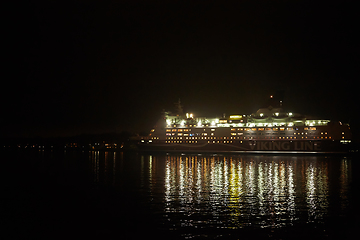 Image showing Stockholm, Sweden - November 6, 2018: Amorella from the Viking Line company embarking to the port in Stockholm
