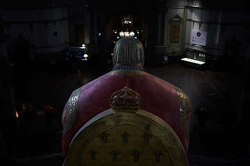 Image showing Stockholm, Sweden - November 6, 2018 : The enormous oak statue of King Gustav Vasa in Nordic museum in Stockholm, Sweden