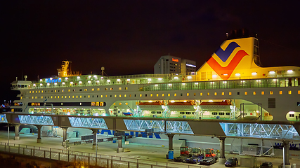 Image showing Stockholm, Sweden - November 3, 2018: The Tallink ship Viktoria I in Vartahamnen port in Stockholm, the capital of Sweden. Waiting for departure to Tallin.