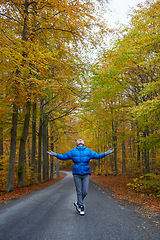 Image showing Young woman posing in the autumn forest on the road.