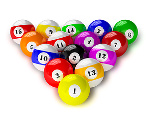 Image showing Set of billiard pool balls on white