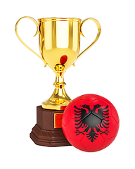 Image showing Gold trophy cup and soccer football ball with Albania flag