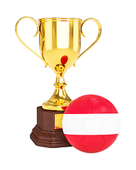 Image showing Gold trophy cup and soccer football ball with Austria flag