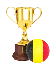 Image showing Gold trophy cup and soccer football ball with Belgium flag