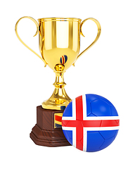 Image showing Gold trophy cup and soccer football ball with Iceland flag