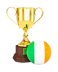 Image showing Gold trophy cup and soccer football ball with Ireland flag