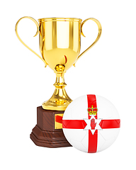 Image showing Gold trophy cup soccer football ball with Northern Ireland flag