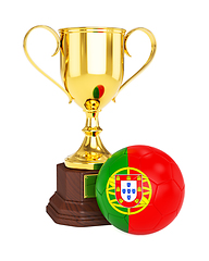 Image showing Gold trophy cup and soccer football ball with Portugal flag