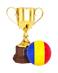 Image showing Gold trophy cup and soccer football ball with Romania flag