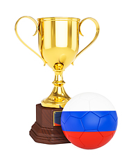 Image showing Gold trophy cup and soccer football ball with Russia flag