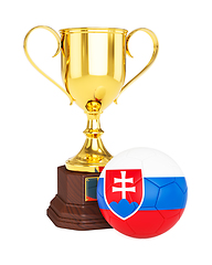 Image showing Gold trophy cup and soccer football ball with Slovakia flag