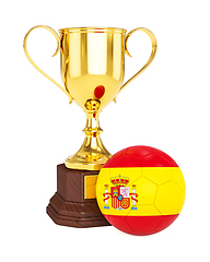 Image showing Gold trophy cup and soccer football ball with Spain flag