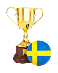 Image showing Gold trophy cup and soccer football ball with Sweden flag