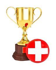 Image showing Gold trophy cup and soccer football ball with Switzerland flag