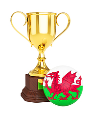 Image showing Gold trophy cup and soccer football ball with Wales flag