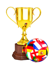 Image showing Gold trophy cup and soccer football ball with Europe flags